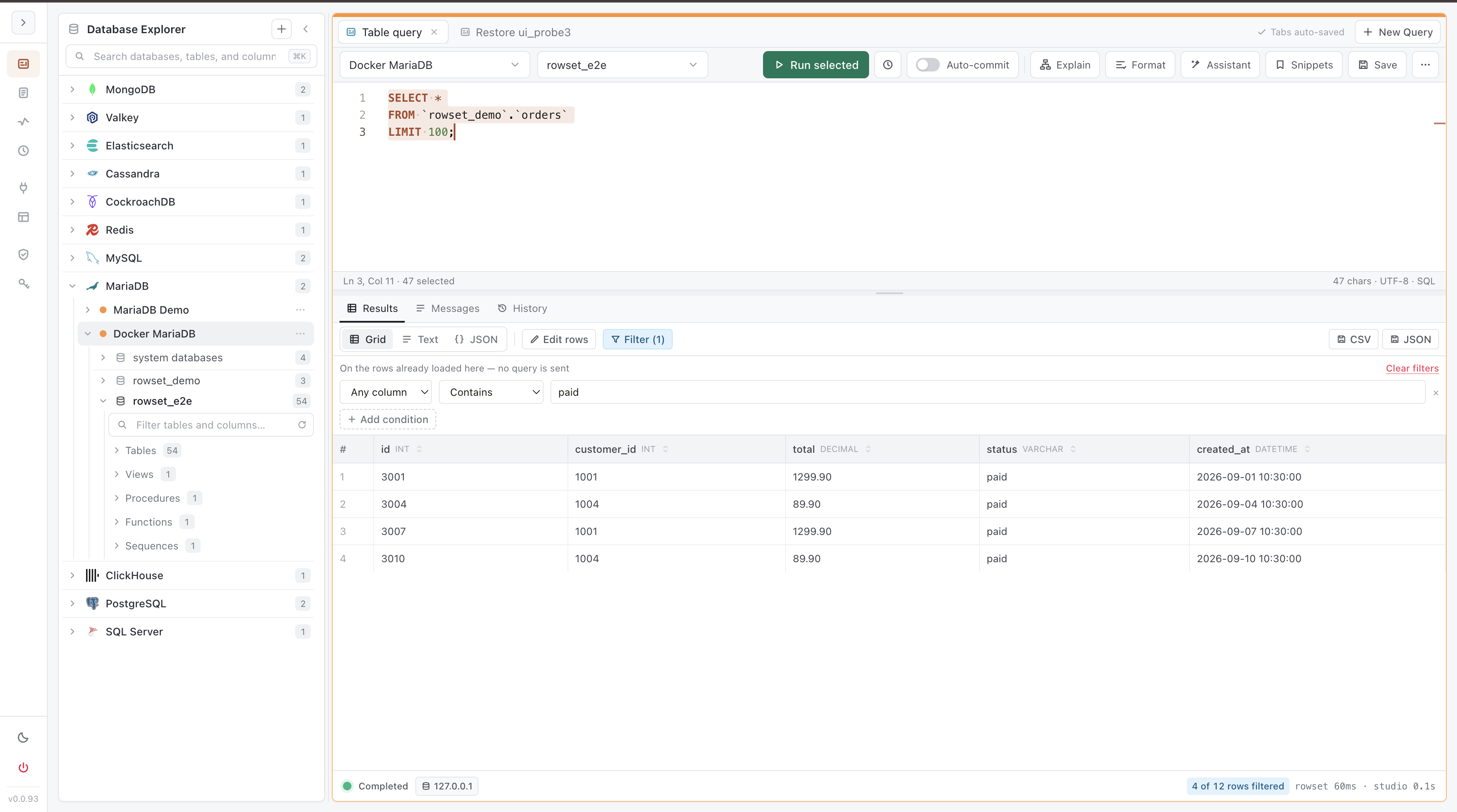 Actual Rowset Studio SQL editor with database explorer and query workspace